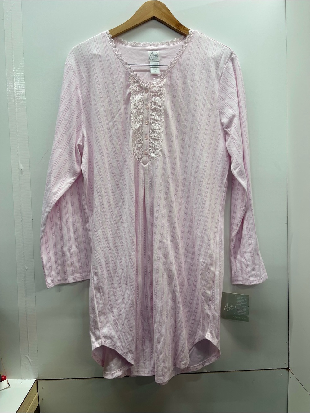 Aria pink striped women's nightgown with lace accents.